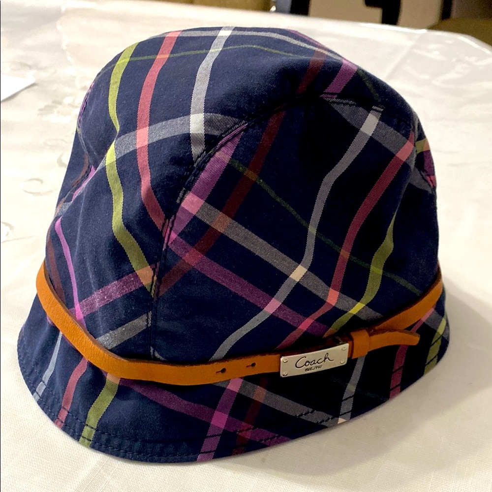 Coach Navy Plaid Bucket Hat with Multicolor Stripes and Tan Leather Band